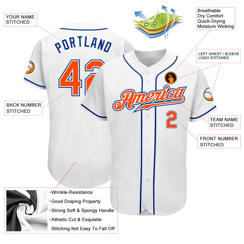 Custom White Orange-Royal Authentic Baseball Jersey view 3