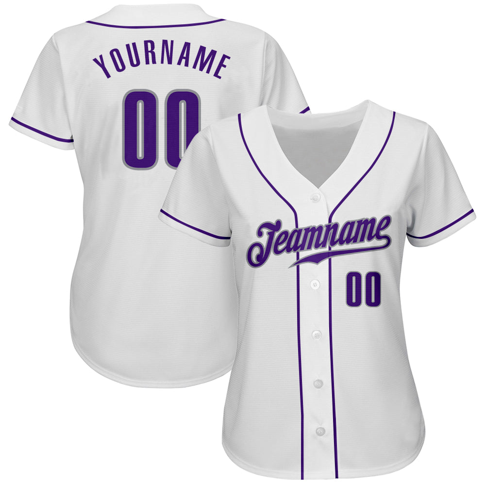 Custom White Purple-Gray Authentic Baseball Jersey view 3