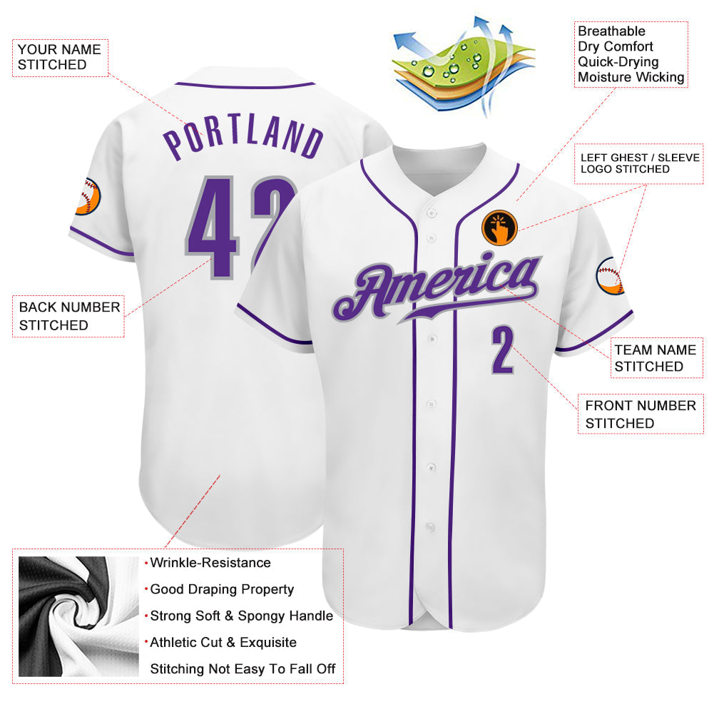 Custom White Purple-Gray Authentic Baseball Jersey view 4