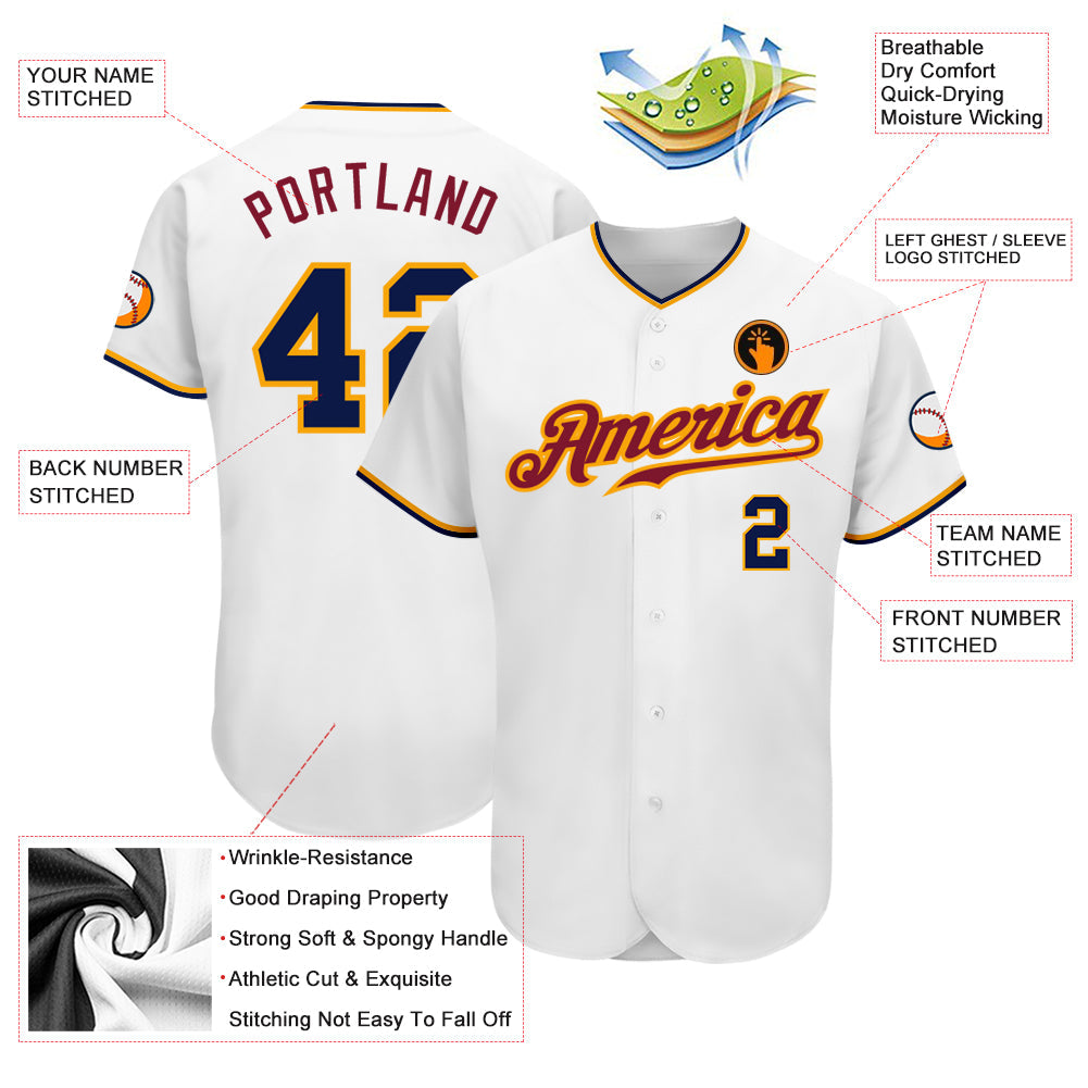 Custom White Navy-Gold Authentic Baseball Jersey view 3