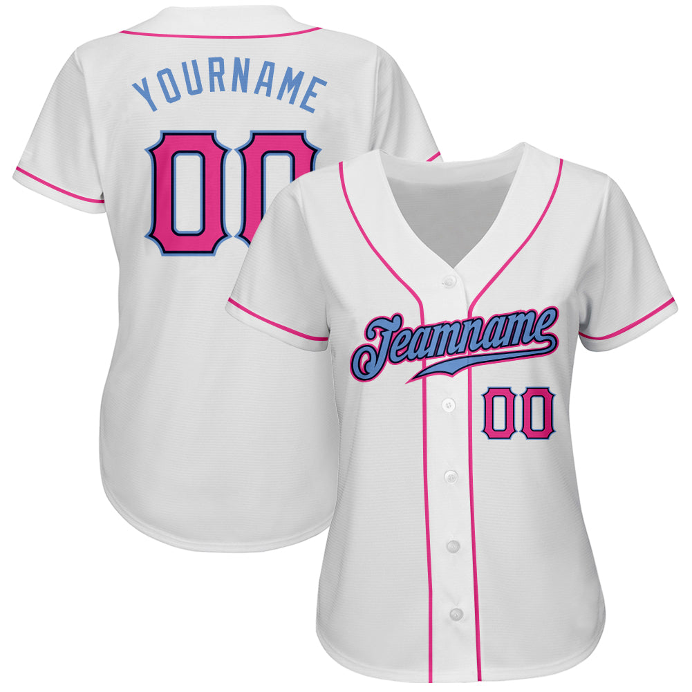 Custom White Pink-Light Blue Authentic Baseball Jersey view 2