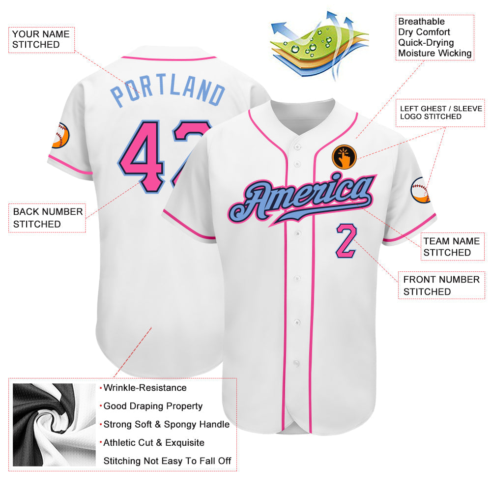 Custom White Pink-Light Blue Authentic Baseball Jersey view 3