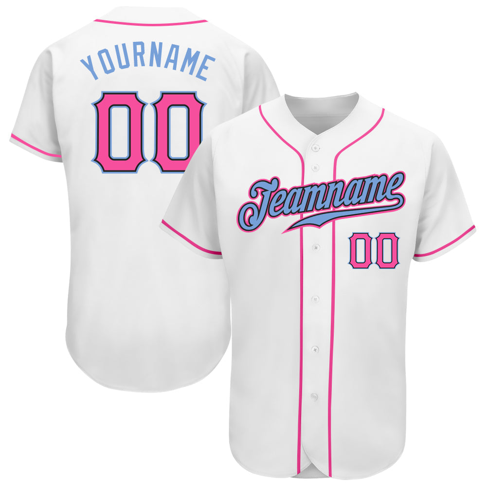 Custom White Pink-Light Blue Authentic Baseball Jersey - Main View