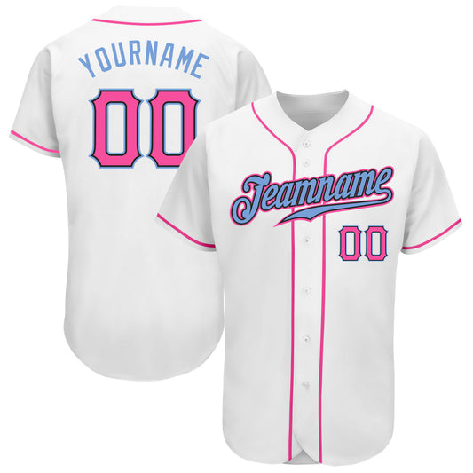 Custom White Pink-Light Blue Authentic Baseball Jersey - Main View