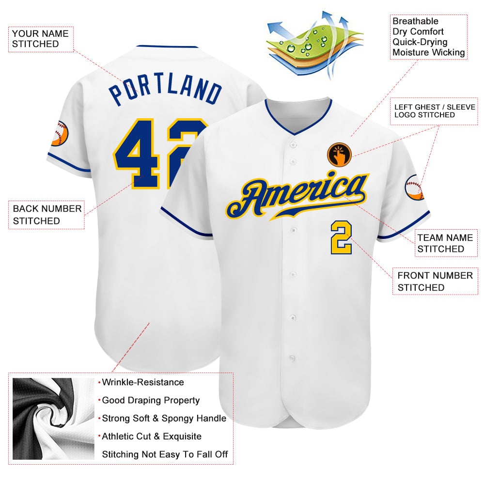 Custom White Royal-Gold Authentic Baseball Jersey view 3