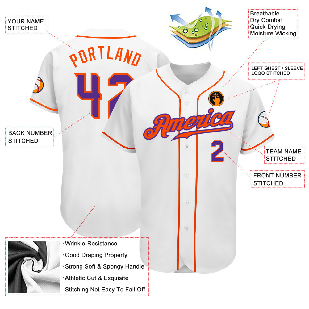 Custom White Purple-Orange Authentic Baseball Jersey view 3
