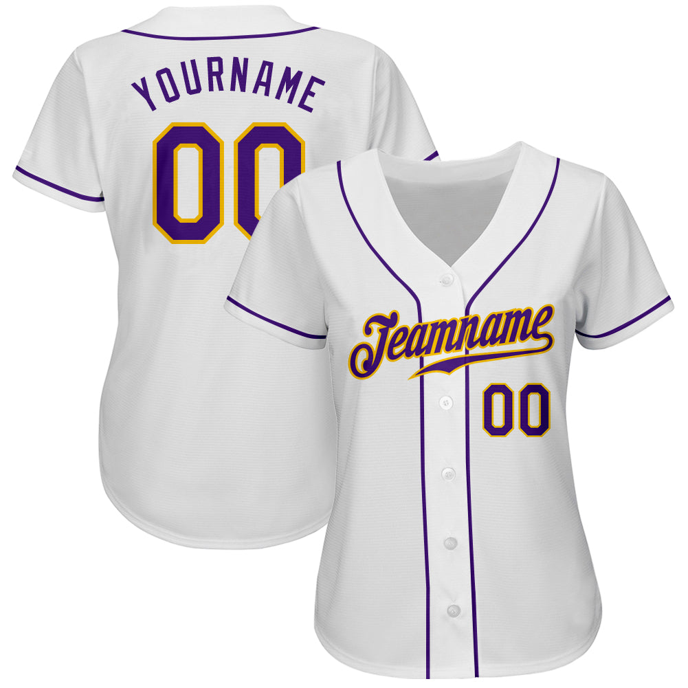 Custom White Purple-Gold Authentic Baseball Jersey view 2