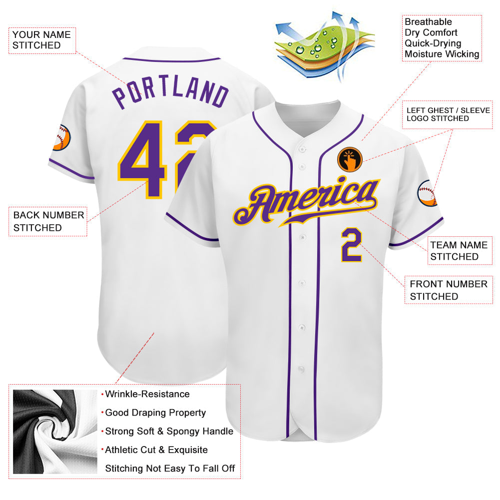 Custom White Purple-Gold Authentic Baseball Jersey view 3