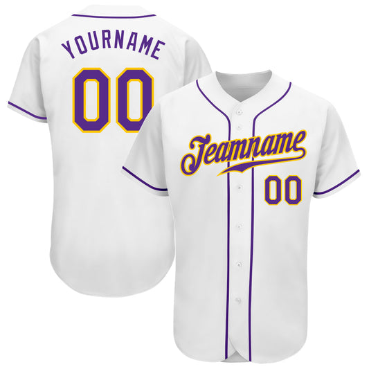Custom White Purple-Gold Authentic Baseball Jersey - Main View