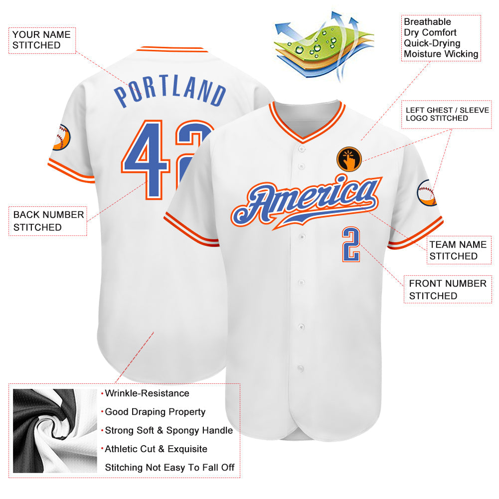 Custom White Blue-Orange Authentic Baseball Jersey view 3