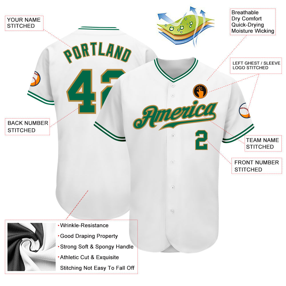 Custom White Kelly Green-Old Gold Authentic Baseball Jersey view 3