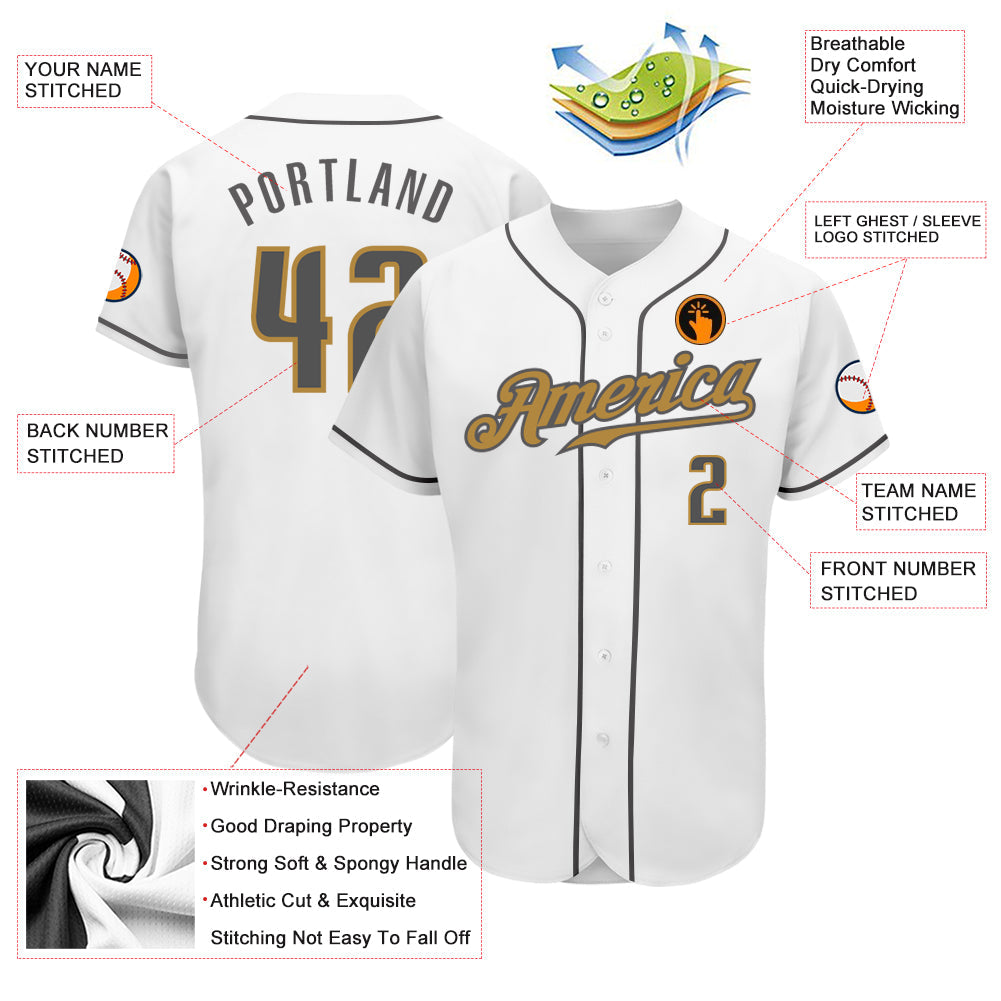 Custom White Steel Gray-Old Gold Authentic Baseball Jersey view 3
