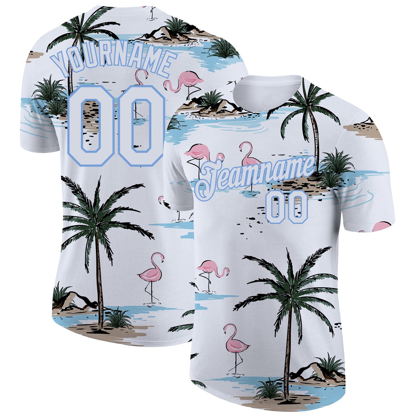 Custom White White-Light Blue 3D Pattern Design Hawaii Palm Trees Performance T-Shirt - Main View