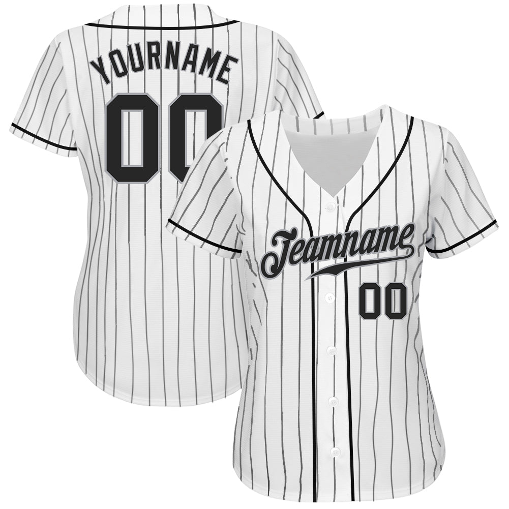 Custom White Black Pinstripe Black-Gray Authentic Baseball Jersey view 3