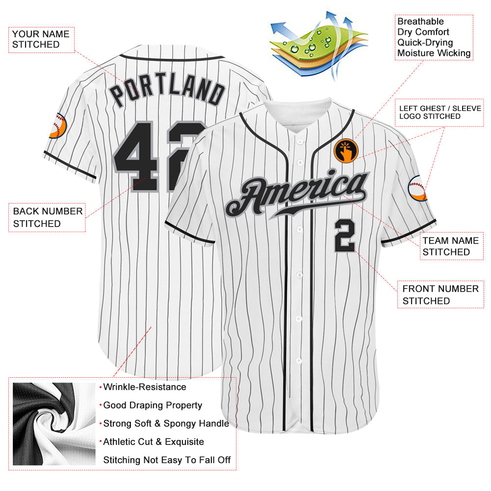 Custom White Black Pinstripe Black-Gray Authentic Baseball Jersey view 4