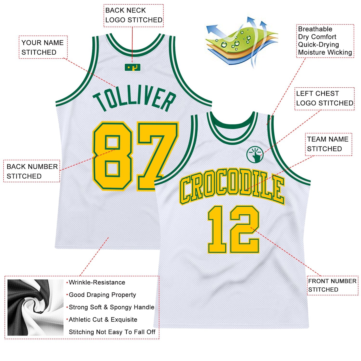 Custom White Gold-Kelly Green Authentic Throwback Basketball Jersey view 2