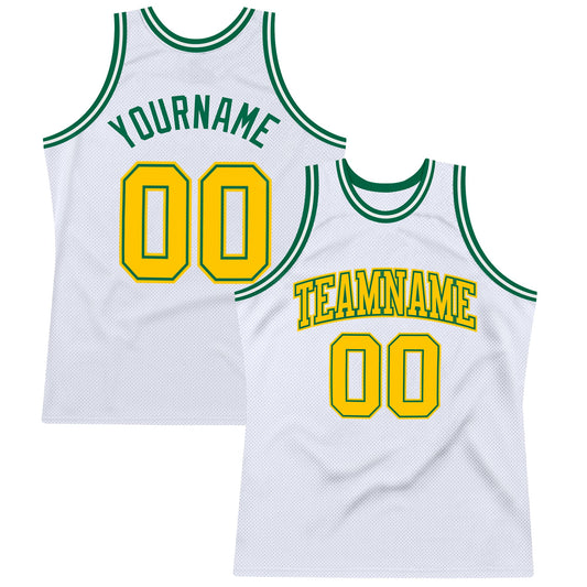 Custom White Gold-Kelly Green Authentic Throwback Basketball Jersey - Main View