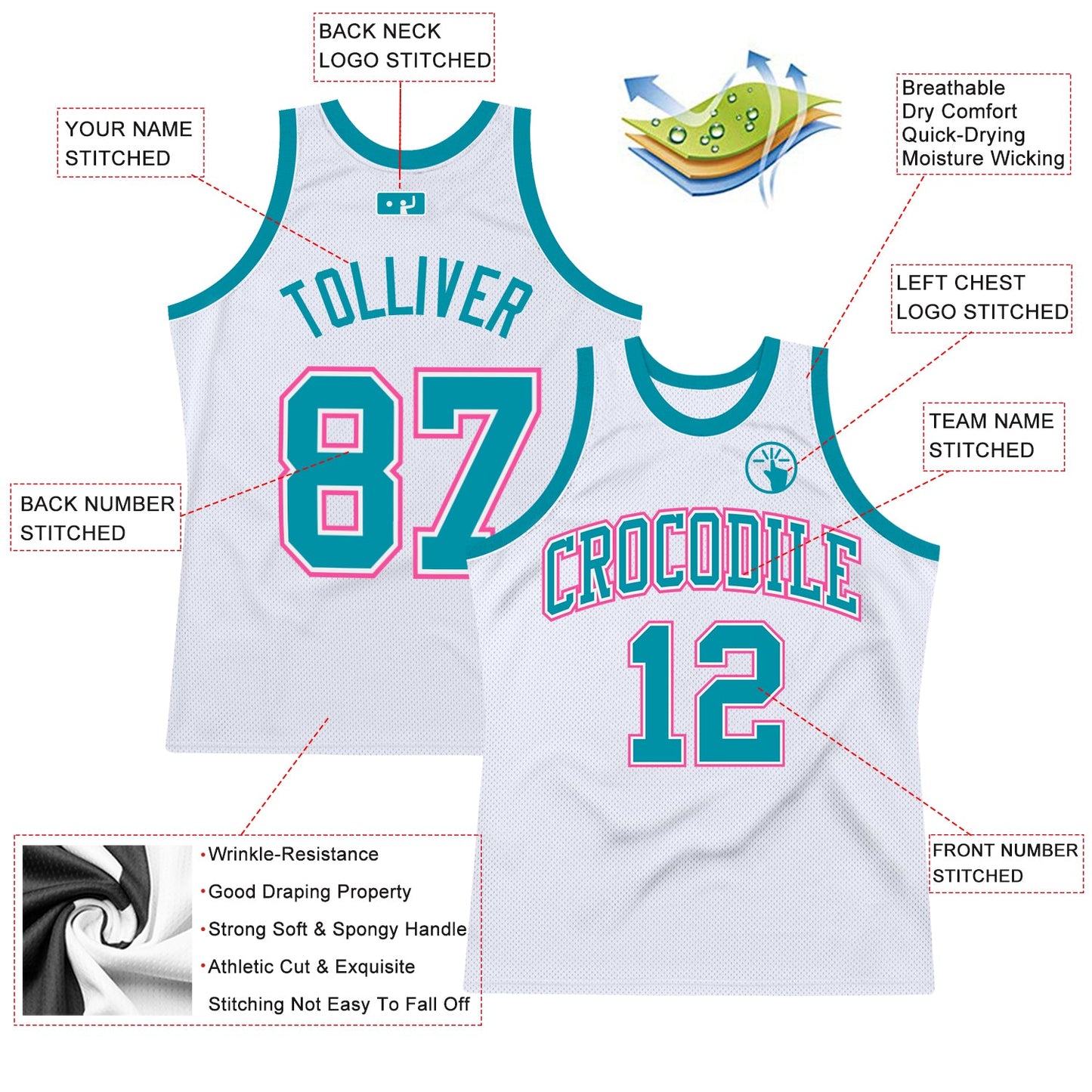 Custom White Teal-Pink Authentic Throwback Basketball Jersey view 2