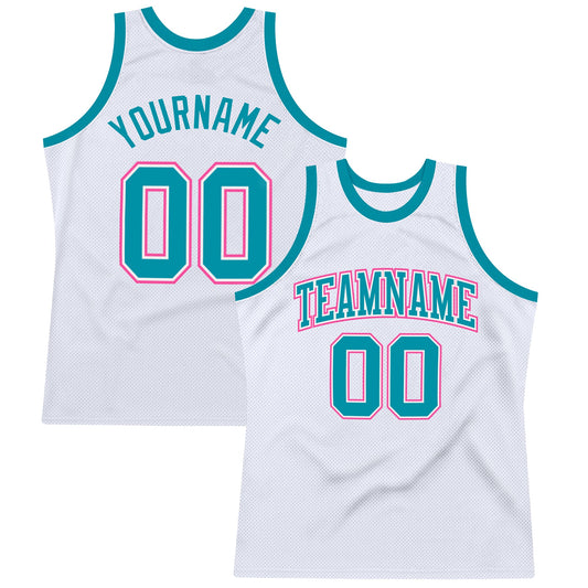 Custom White Teal-Pink Authentic Throwback Basketball Jersey - Main View