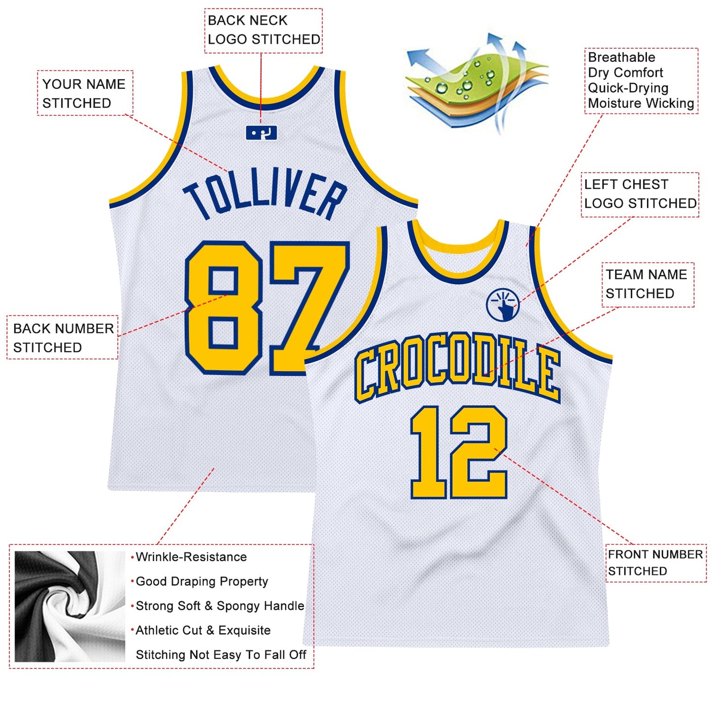 Custom White Gold-Royal Authentic Throwback Basketball Jersey view 2