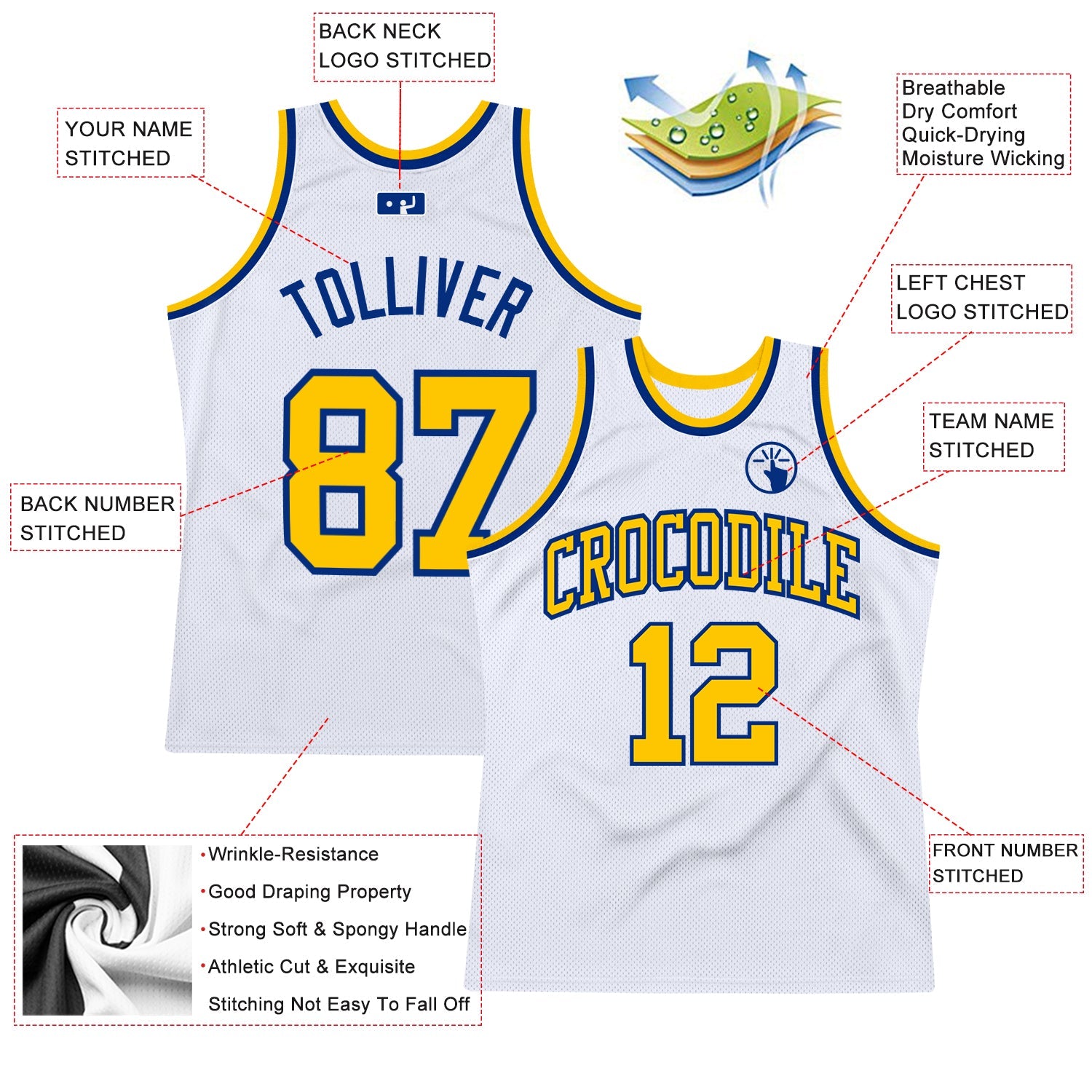 Custom White Gold-Royal Authentic Throwback Basketball Jersey view 2