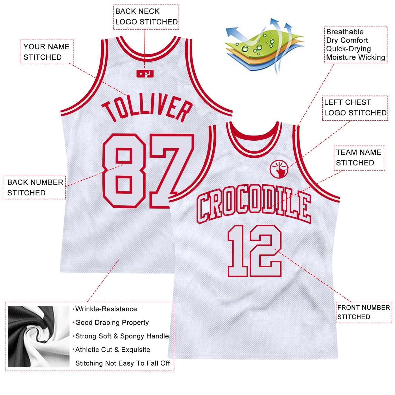 Custom White White-Red Authentic Throwback Basketball Jersey view 3