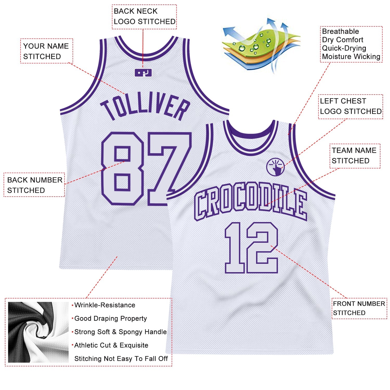 Custom White White-Purple Authentic Throwback Basketball Jersey view 2