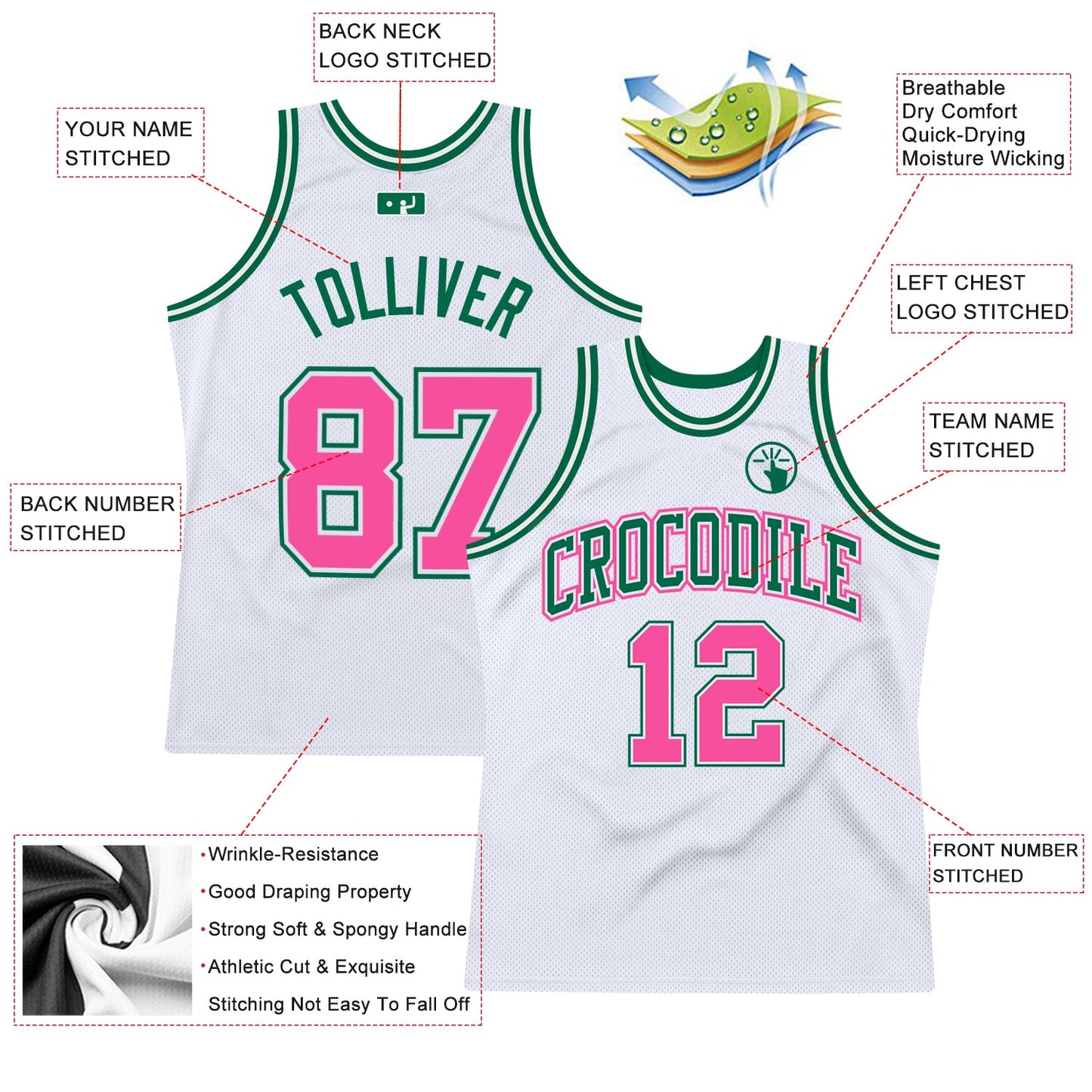 Custom White Pink-Kelly Green Authentic Throwback Basketball Jersey view 2