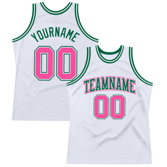 Custom White Pink-Kelly Green Authentic Throwback Basketball Jersey - Main View