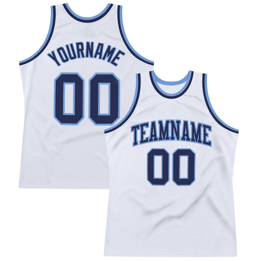 Custom White Navy-Light Blue Authentic Throwback Basketball Jersey - Main View