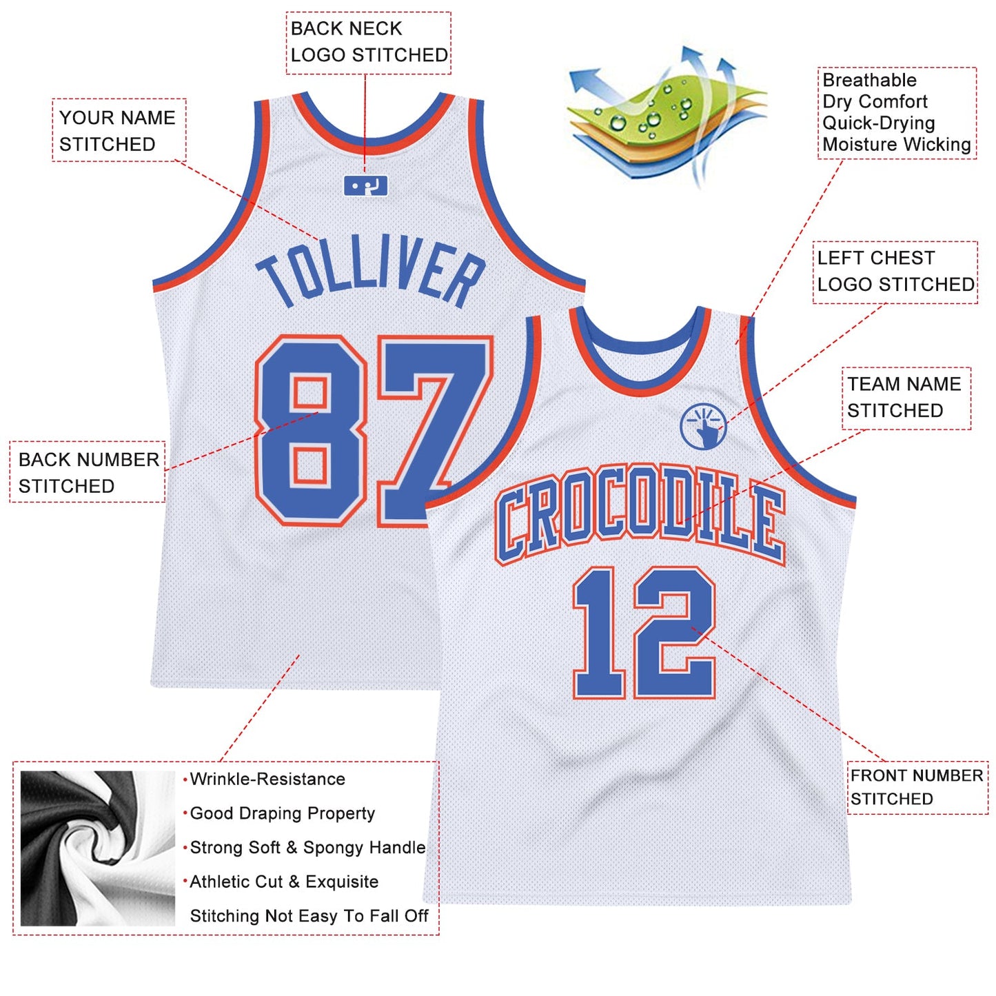 Custom White Blue-Orange Authentic Throwback Basketball Jersey view 2