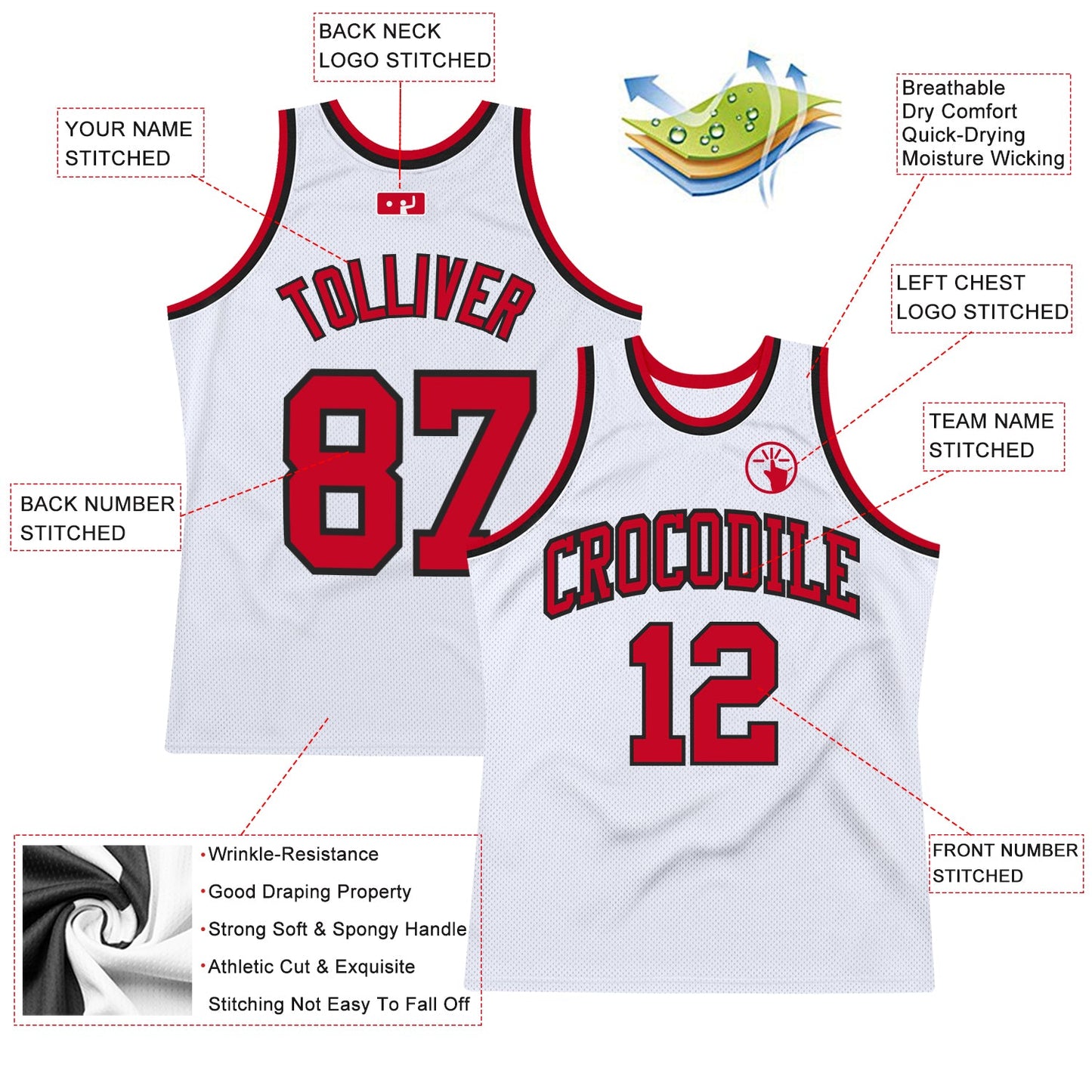 Custom White Red-Black Authentic Throwback Basketball Jersey view 2