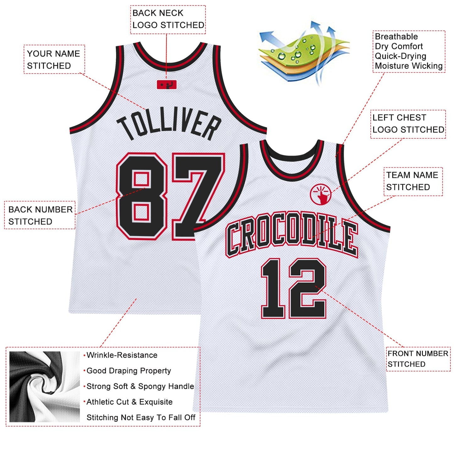 Custom White Black-Red Authentic Throwback Basketball Jersey view 2