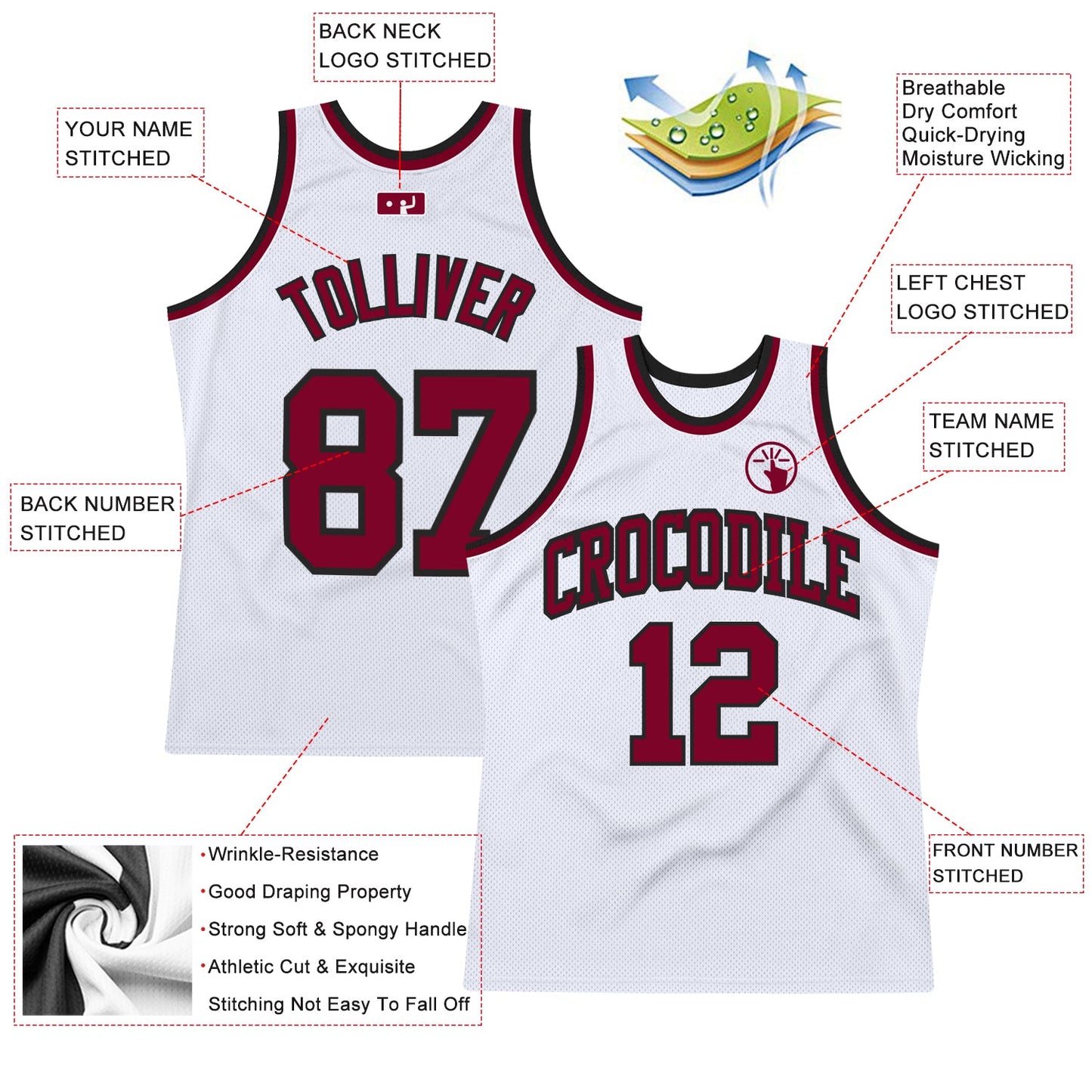 Custom White Maroon-Black Authentic Throwback Basketball Jersey view 2