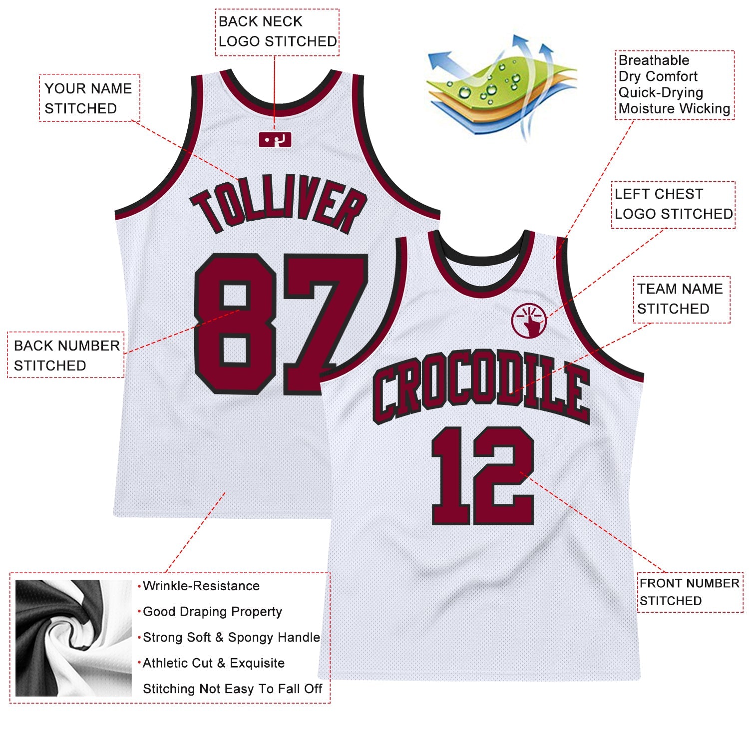 Custom White Maroon-Black Authentic Throwback Basketball Jersey view 2