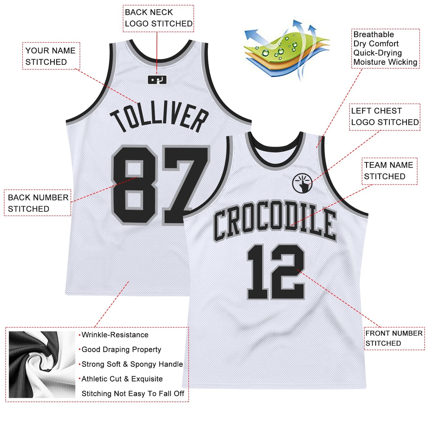 Custom White Black-Gray Authentic Throwback Basketball Jersey view 2