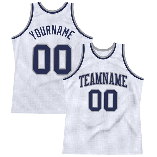 Custom White Navy-Gray Authentic Throwback Basketball Jersey - Main View