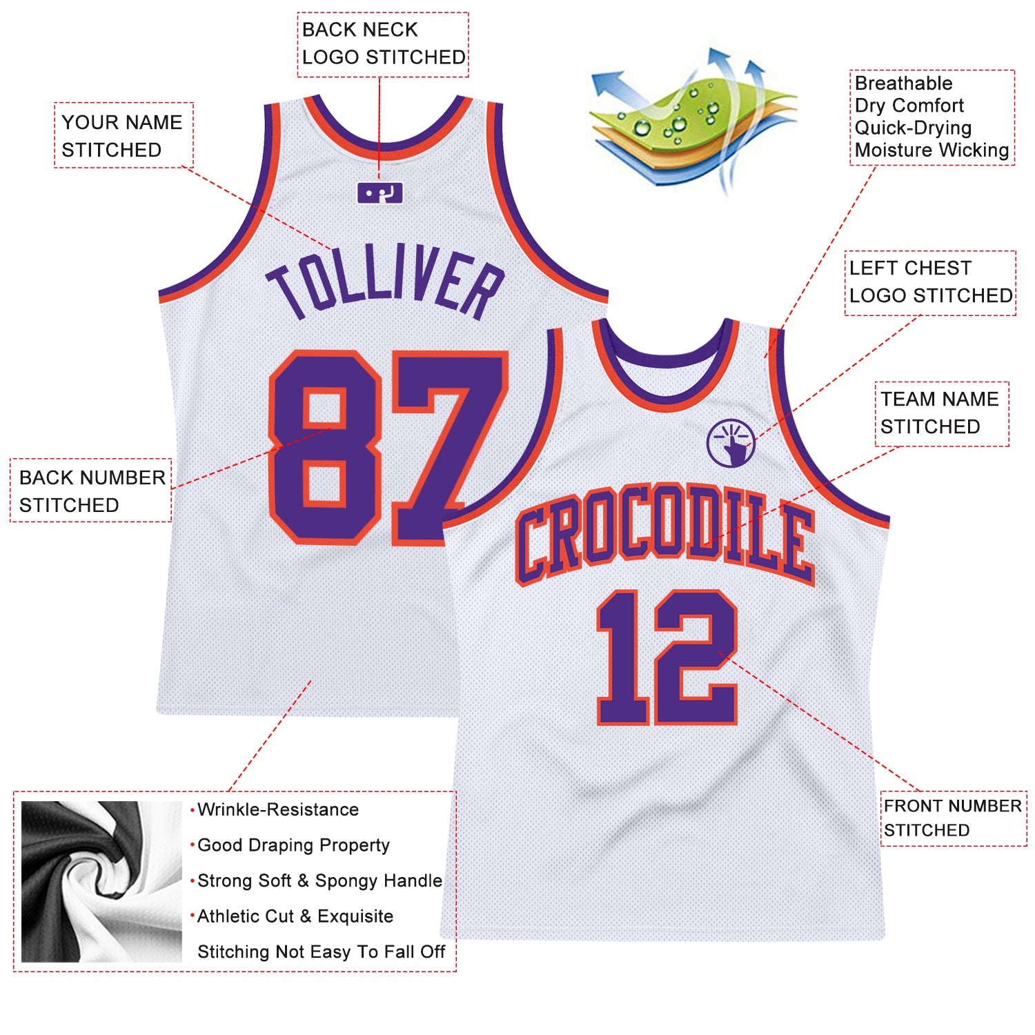 Custom White Purple-Orange Authentic Throwback Basketball Jersey view 2