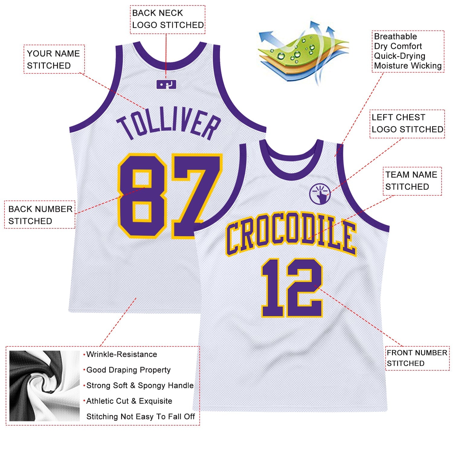 Custom White Purple-Gold Authentic Throwback Basketball Jersey view 2