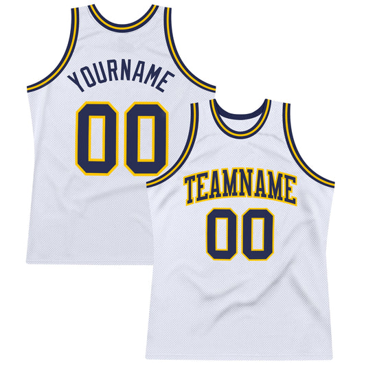 Custom White Navy-Gold Authentic Throwback Basketball Jersey - Main View