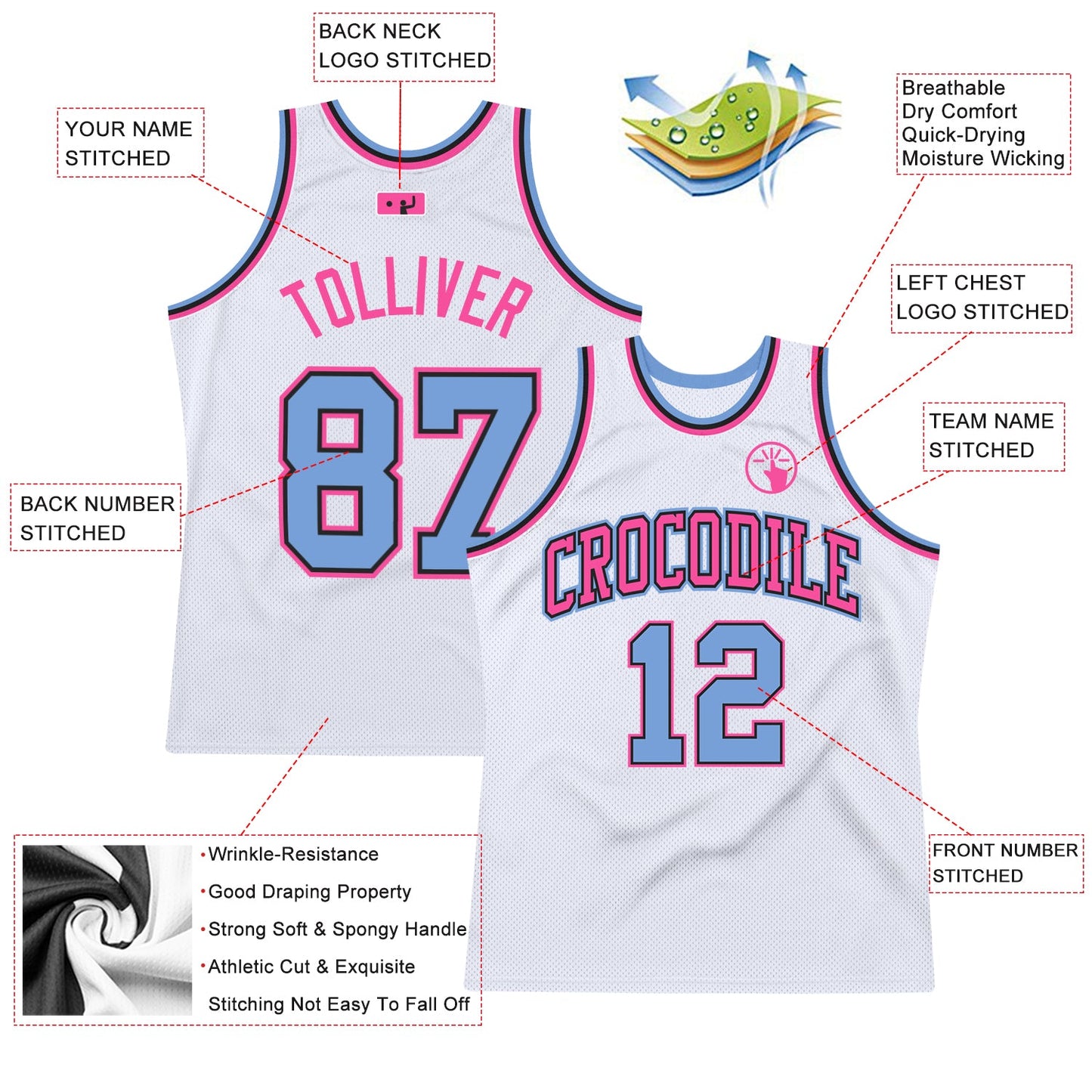 Custom White Light Blue-Pink Authentic Throwback Basketball Jersey view 2