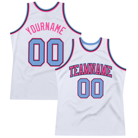 Custom White Light Blue-Pink Authentic Throwback Basketball Jersey - Main View