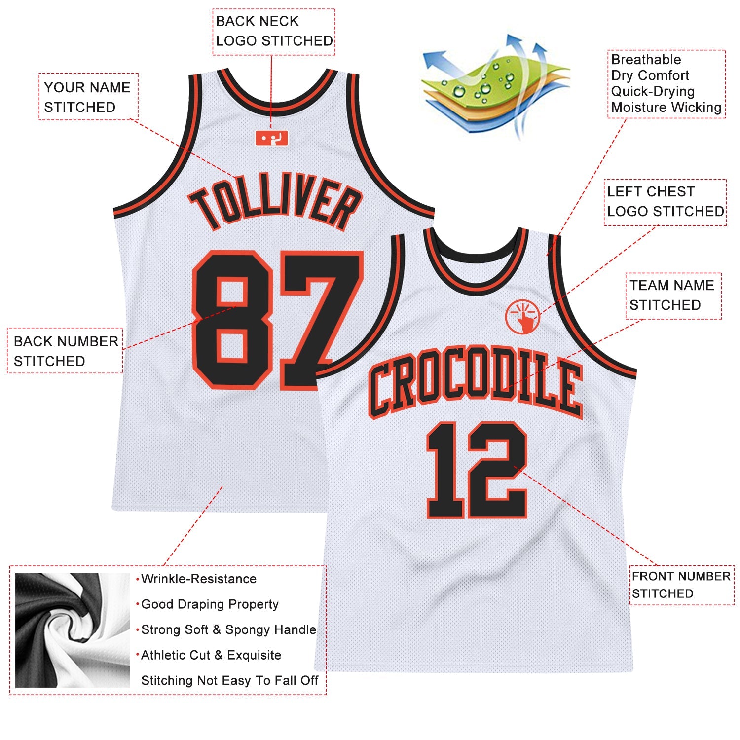 Custom White Black-Orange Authentic Throwback Basketball Jersey view 2
