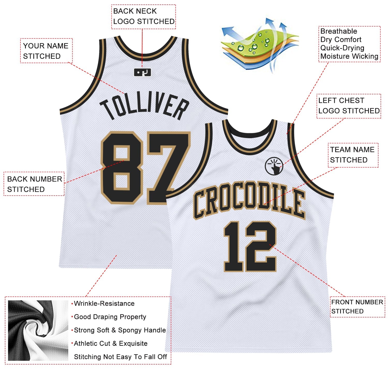 Custom White Black-Old Gold Authentic Throwback Basketball Jersey view 3