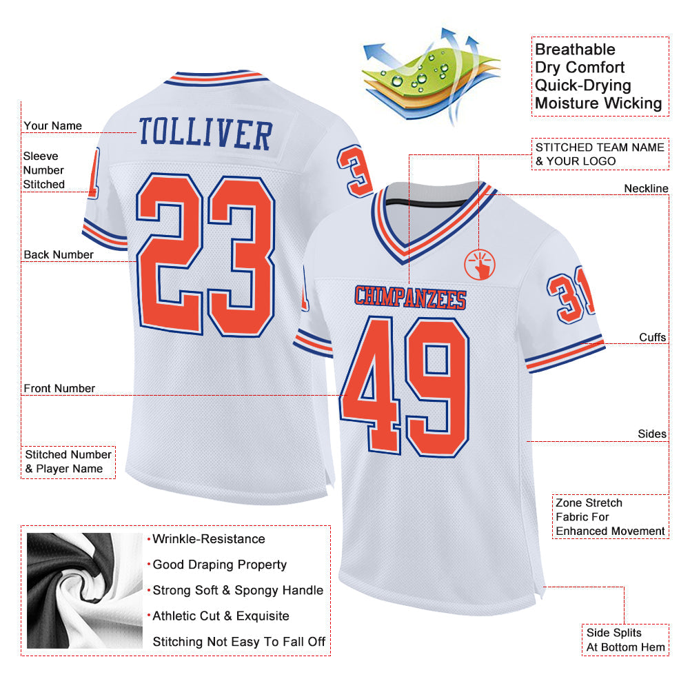 Custom White Orange-Royal Mesh Authentic Throwback Football Jersey view 2