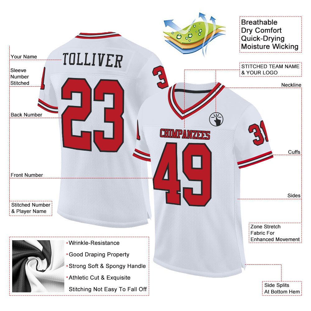 Custom White Red-Black Mesh Authentic Throwback Football Jersey view 2