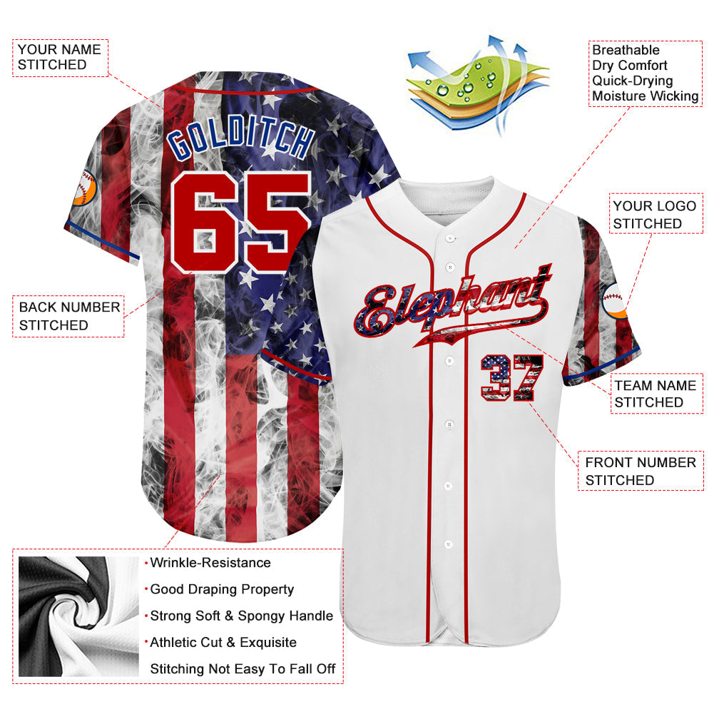 Custom White Red-Royal 3D American Flag Authentic Baseball Jersey view 3