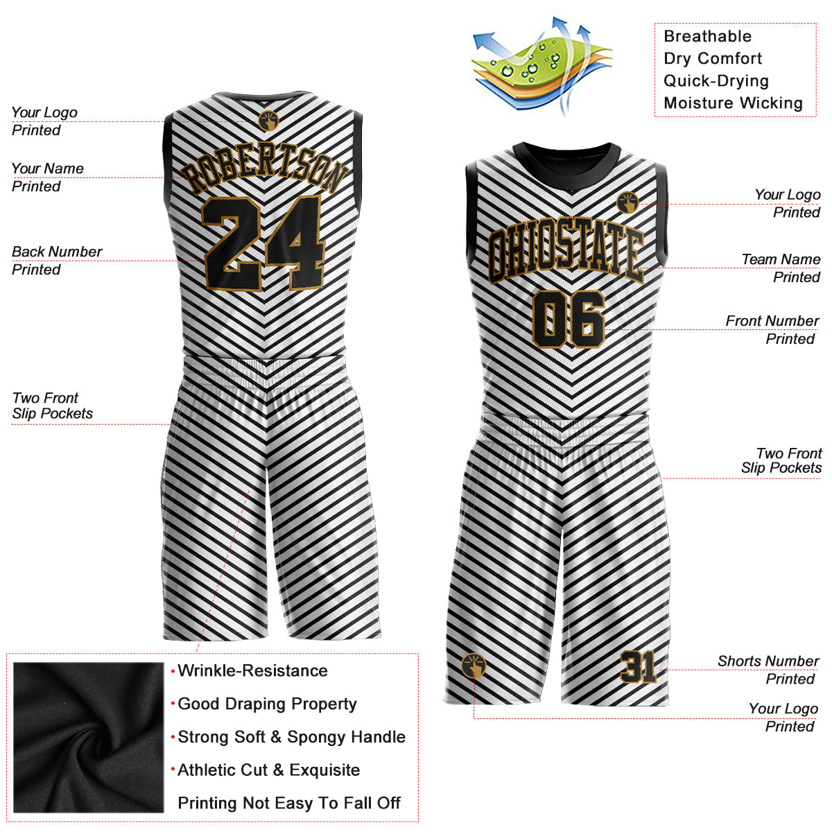 Custom White Black-Old Gold Round Neck Sublimation Basketball Uniform Jersey view 2