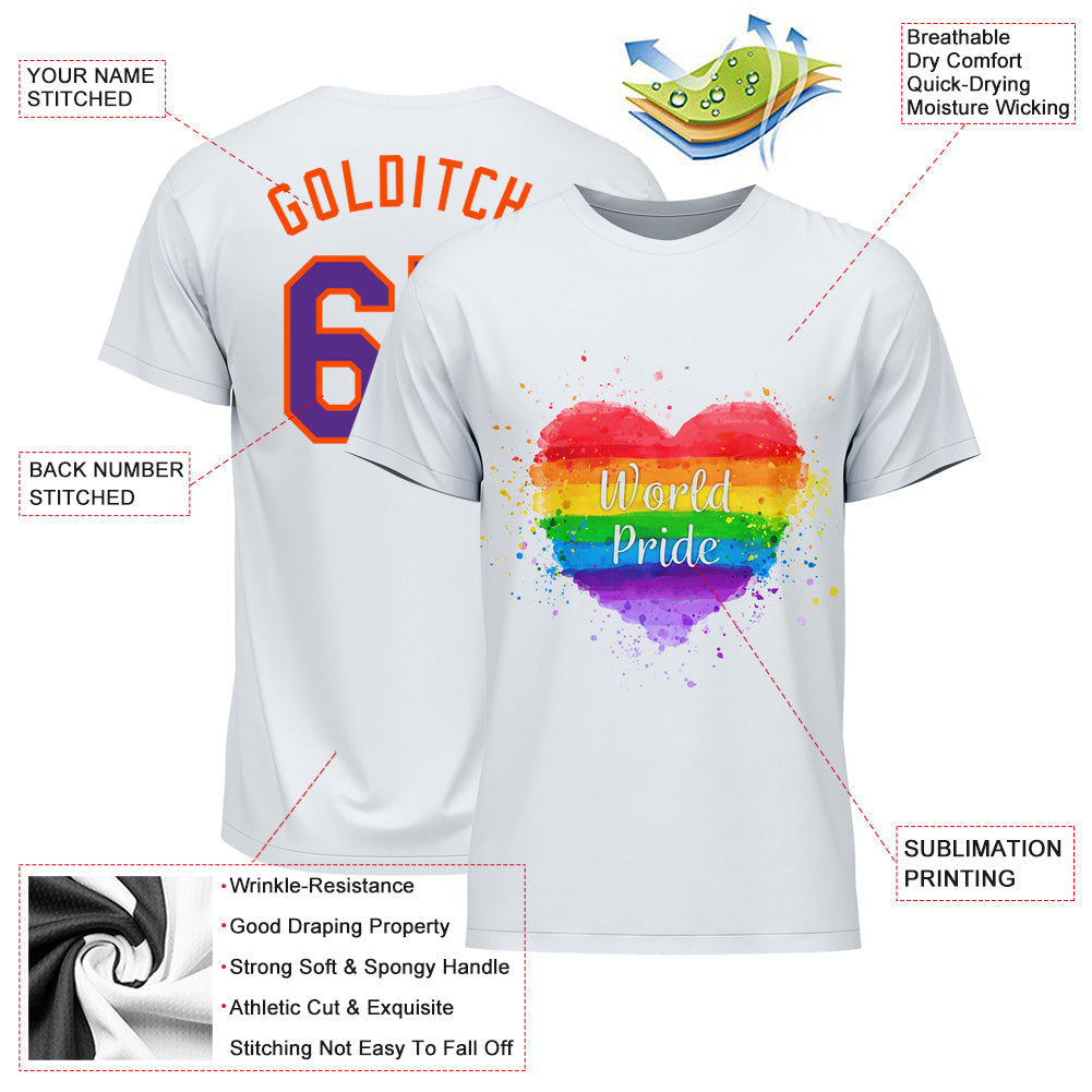 Custom White Purple-Orange Rainbow Colored Heart For World Pride LGBT Performance T-Shirt view 3