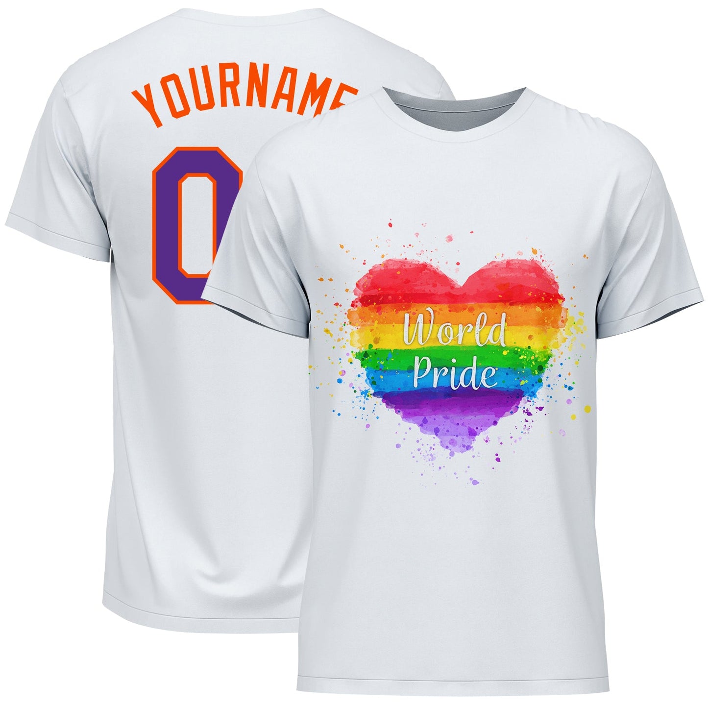 Custom White Purple-Orange Rainbow Colored Heart For World Pride LGBT Performance T-Shirt - Main View